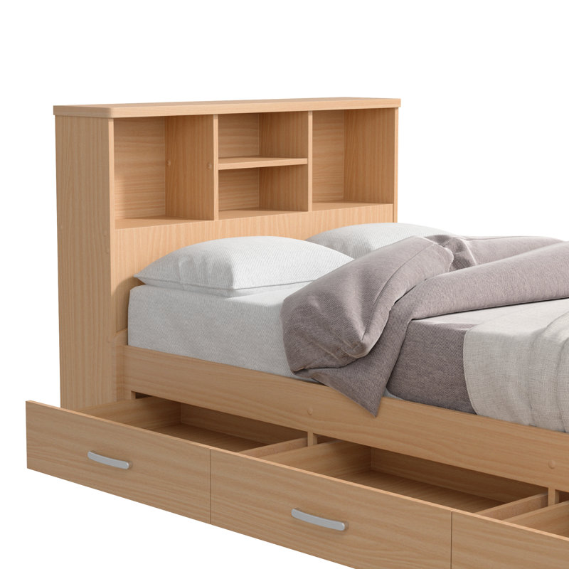 Monira Bed Frame With Storage & Headboard New Design, Twin, Beech