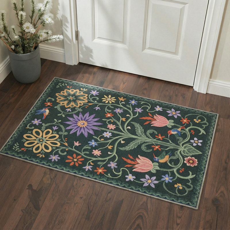 Aasen Veridian Floral Machine Washable Green / Yellow / Pink / Purple Indoor Area Rug with Non-Slip Backing