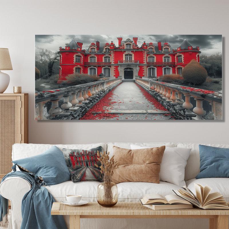 Décoration murale monochrome rouge en automne manoir en Allemagne II - Châteaux, H 28 po x l 60 po x P 1,5 po, Toile tendue