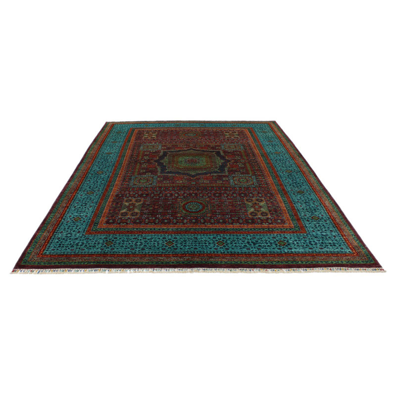 Tapis tribal rouge et turquoise 7 x 7