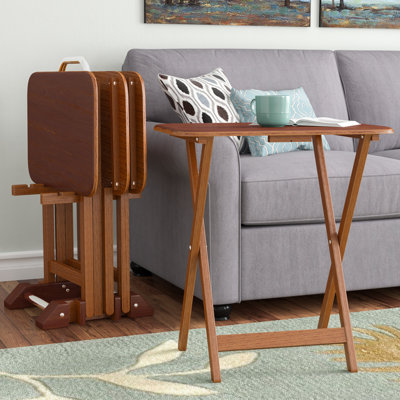 Berne 5 Piece Wood Folding Tray Table Set with Stand