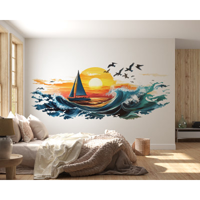 Sailboat Wall Sticker, Ocean Wave Wall Decal, Sunset Sailing Wall Art, Coastal Bathroom Decor, Nautical Beach House Decor 713MV