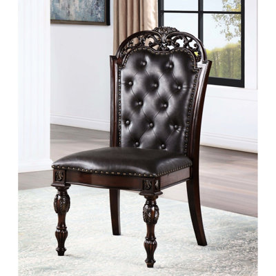 2Pc Traditional Brown Cherry Side Chairs, Solid Wood, , Luxury Dining Chair Of 2 Base, Button Armrest
