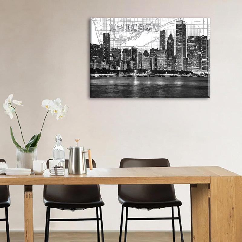 «Chicago Skyline», reproduction d'art sur toile encadrée - affiche moderne de paysage urbain noir et blanc pour une décoration de bureau à domicile prête à suspendre, œuvre d'art 24 po x 36 po
