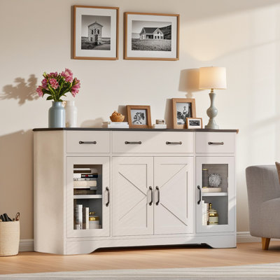 55" Sideboard Buffet Cabinet With 3 Drawers And 2 Glass Doors