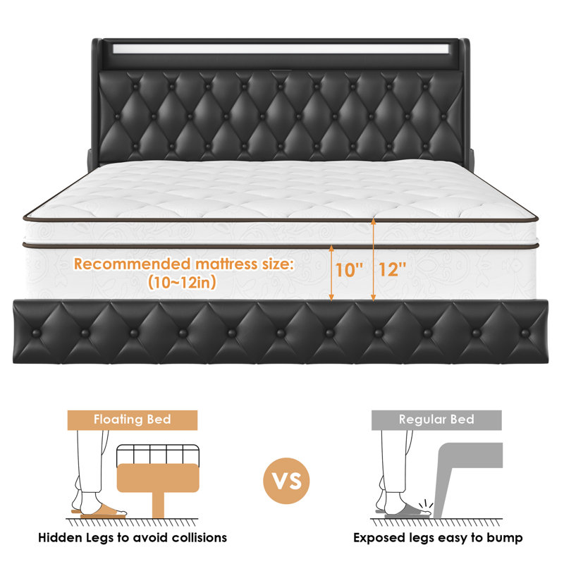 Upholstered Floating Bed With LED Lights, Charging Port, Black, King