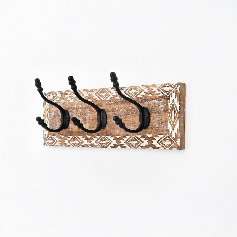 Crochet mural en bois avec crochets en aluminium | Portemanteau mural blanc en bois de manguier délavé | Porte-clés rustique | 18,5 x 6 po