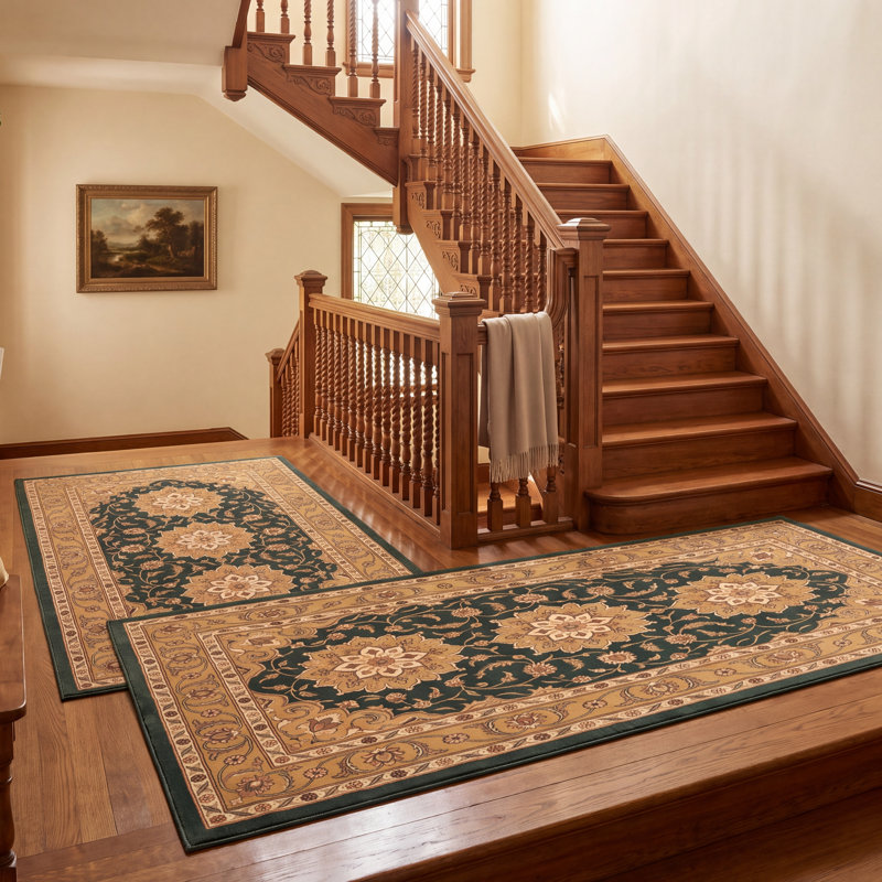 Tapis Stanhope traditionnel de style persan audacieux, or, vert, crème, ivoire, lavable en machine, antidérapant, à poils courts, pour l'intérieur et l'extérieur, adapté aux animaux domestiques, idéal pour le salon, la chambre, la salle à manger, l'entrée, le couloir ou le bureau.