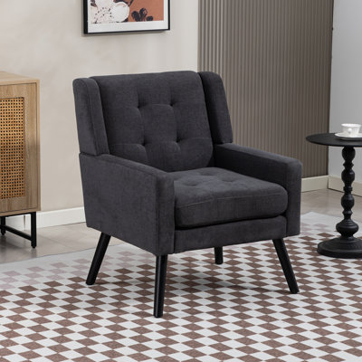 26.77" Mid-Century Modern Accent Chair With Linen Upholstery, Tufted Back And Black Solid Wood Legs(Set Of 2)