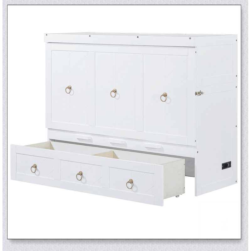 Lit escamotable avec port USB et grand tiroir, Double, Blanc