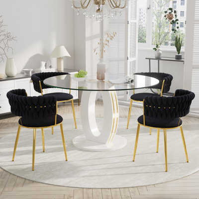 Round Pedestal Dining Set with Weaven Velvet Dininig Chair