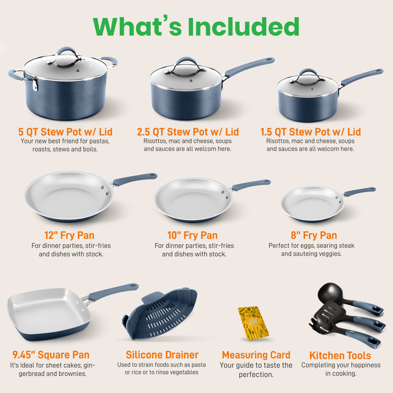 14 - Piece Non-Stick Aluminum Cookware Set, Blue