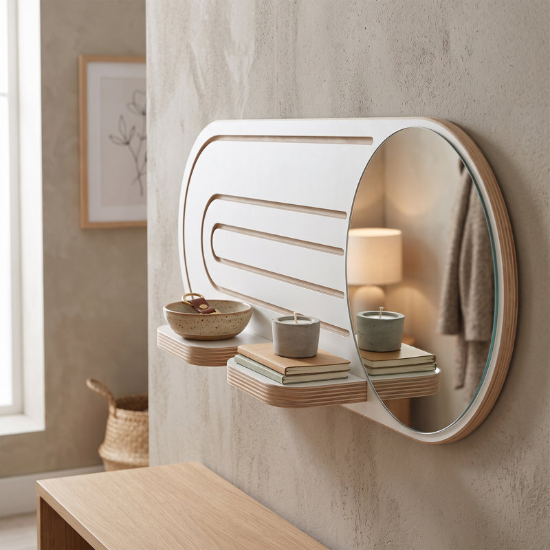 Miroir d'appoint oblong moderne avec tablettes intégrées, White