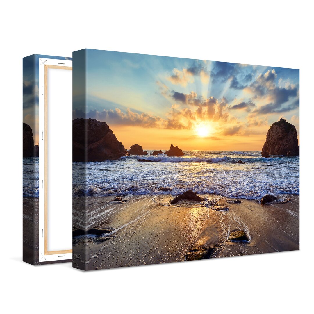 Leinwandbild Sunset Over Rocky Beach Xcm – Premium Leinwanddruck – Kunstdruck Auf Cm Holz-Keilrahmen Für Schlaf- Und Woh...