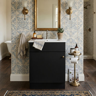 Meuble-lavabo autoportant de 20 po avec lavabo en céramique, meuble-lavabo simple avec support de porte et tablette réglable