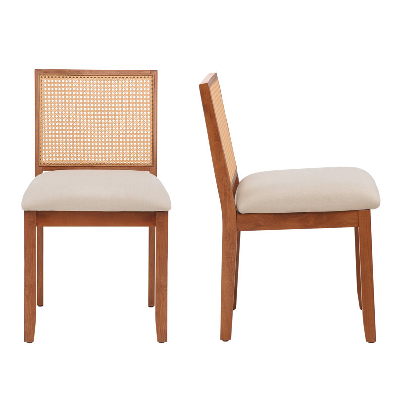 Solid Wood Dining Chair with Rattan Backrest, Dark Walnut