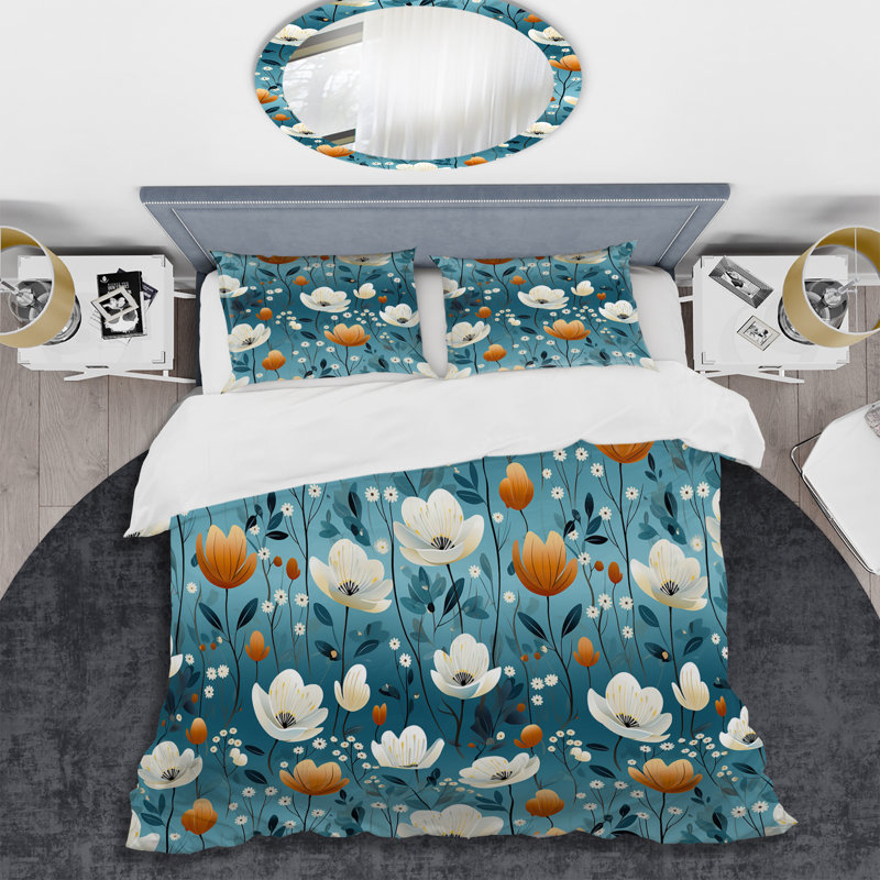 Meadow Blue And Beige Floral Pattern III - Ensemble de housse de couette à motif floral