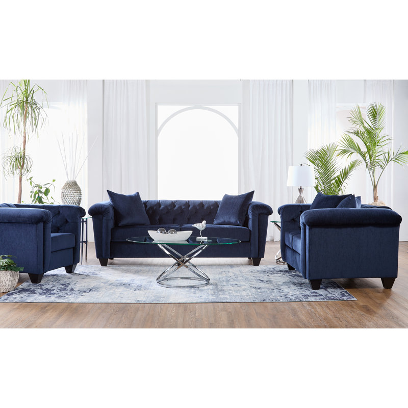70" Tuxedo Arm Loveseat with Reversible Cushions, Lush Navy/Polyester Blend