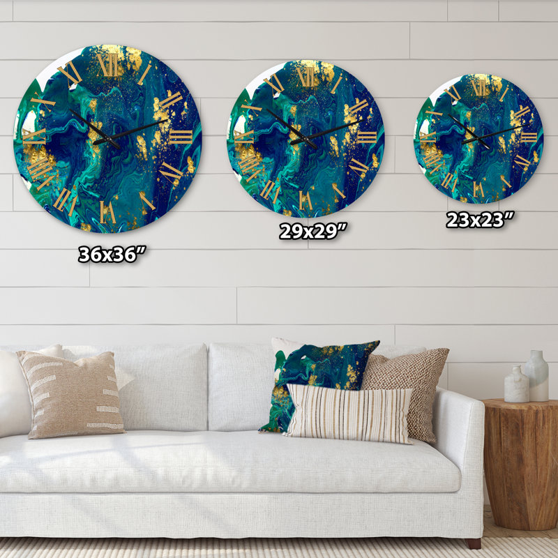 Golden Marble On Dark Blue Universe - Modern Wall Clock, Medium