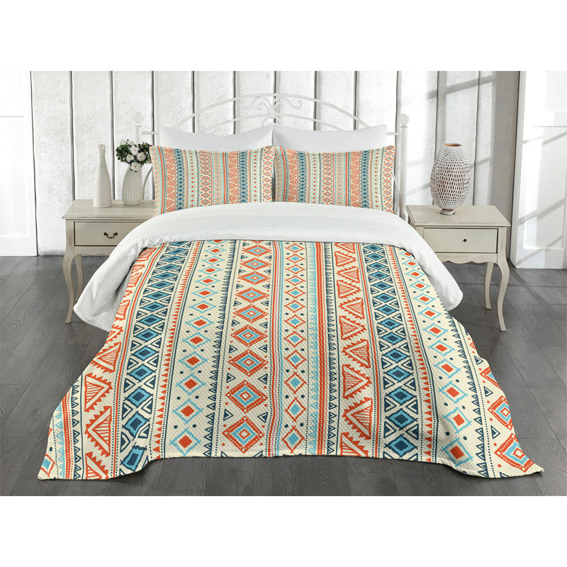 Blue Queen Size Polyester Bedspread Set with Aztec Pattern