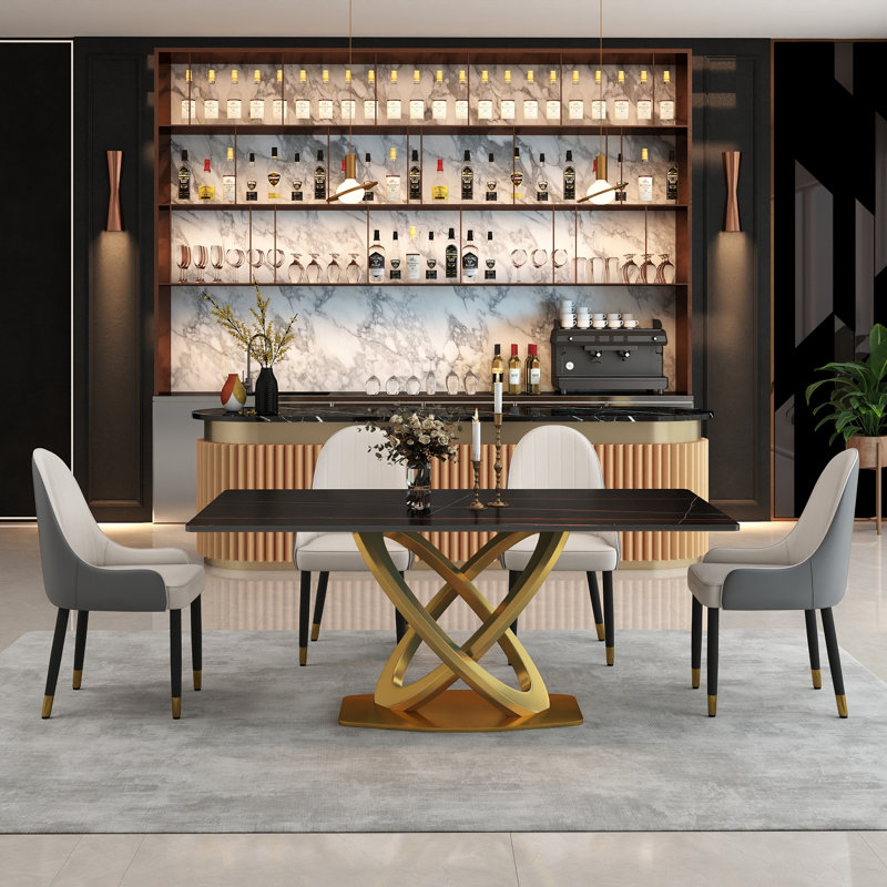 Zagan 7-Piece Modern Dining Room Sets, Sintered Stone Tabletop Kitchen Dining Table Set with 6 PU Upholstered Chairs, Black