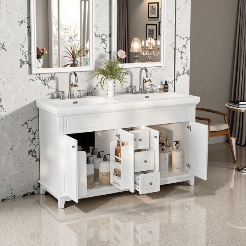 Meuble-lavabo 60 po avec double lavabo en résine et pieds en bois massif