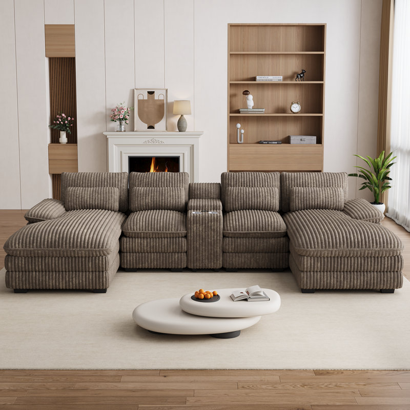 5 Piece U Shape Sectional Sofa Cloud Couch Double Chaise Sectional Couch with Console, Light Brown Corduroy