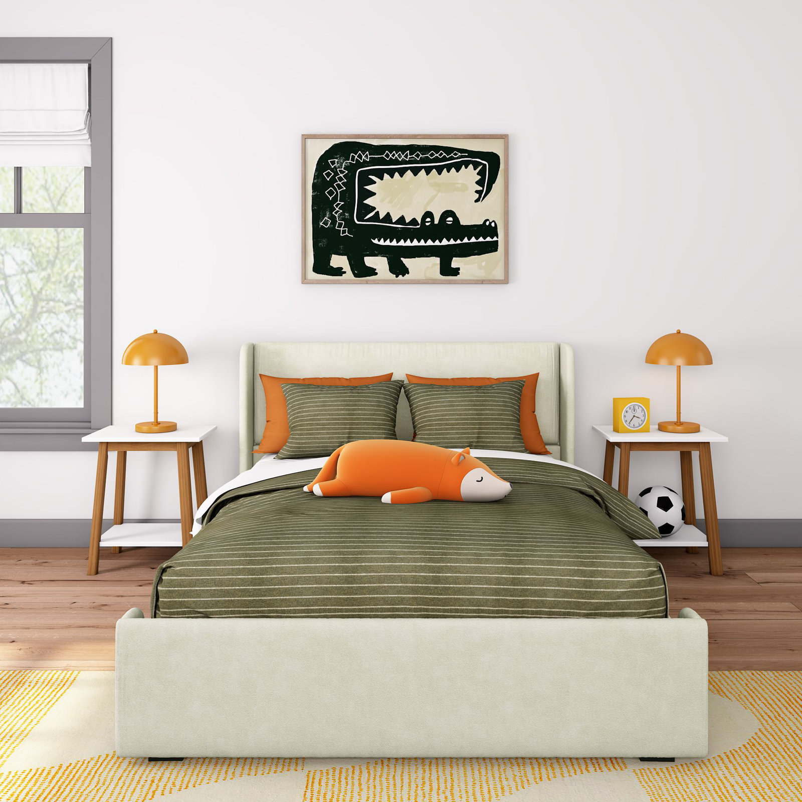 Solid Wood Upholstered Panel Bed, Cream, Full