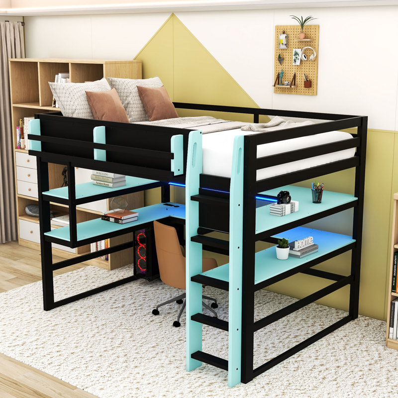 Lit mezzanine avec bureau, lumières RVB, support de rangement latéral et tablettes multiples, Double, Bleu nuage