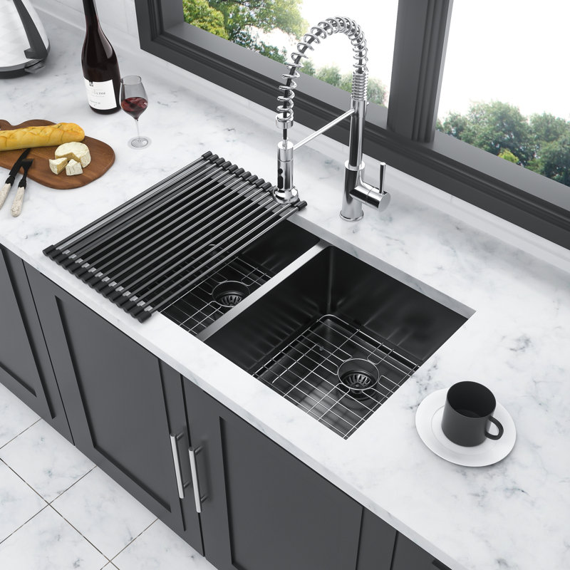 33"X19" Double Bowl  50/50  Undermount Gunmetal Black Kitchen Sink, 16 Gauge, 10" Deep, Hand - With Rear 3.5 Drain, X Grooves For Smooth Liquid Drainage, Sound Proofing Layers, Condensation Coating,