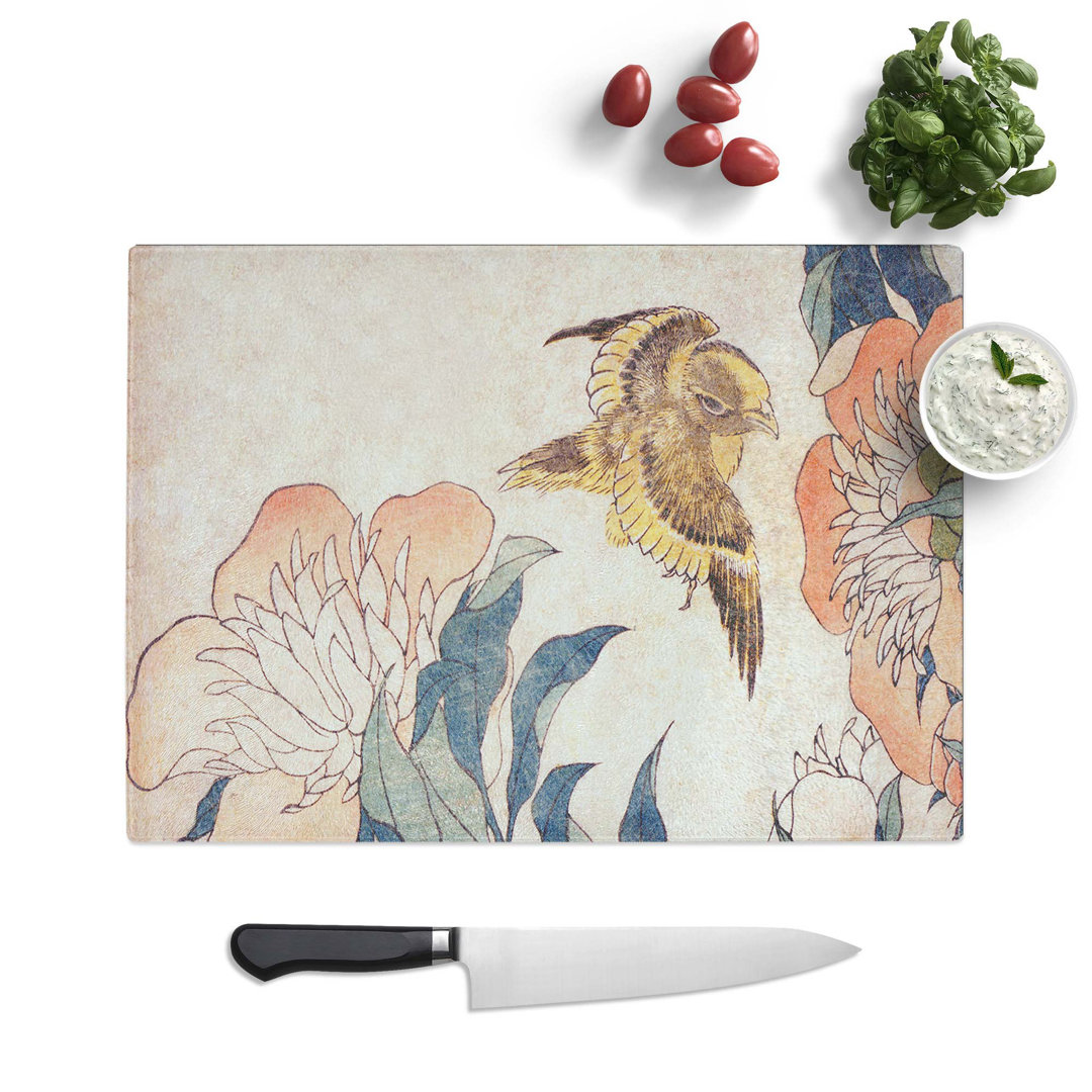 Tempered Glass Peony Flower and Canary by Katsushika Hokusai Chopping Board