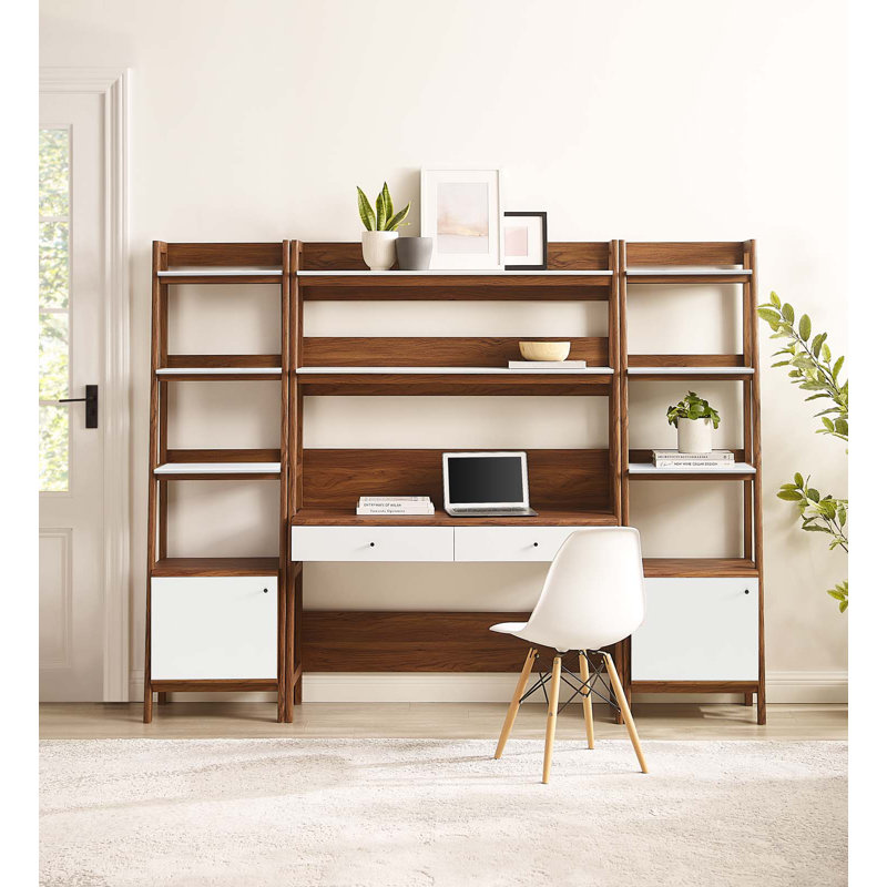 Walnut White Tiered Wood Bookshelves with Concealed Storage