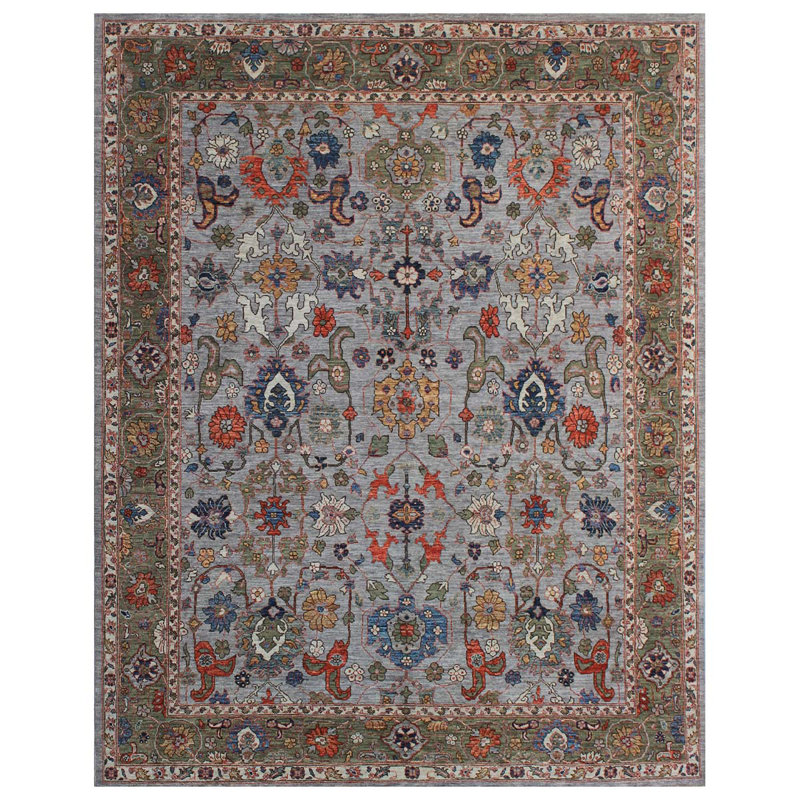 Tapis unique gris / vert / bleu noué à la main de haute qualité