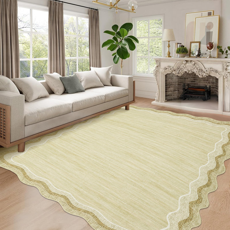 Bordered Design Machine Washable Rug with Rubber Backing for Living Room Modern Non-Slip Dining Room Rug Easy-Cleaning Floor Carpet for Bedroom