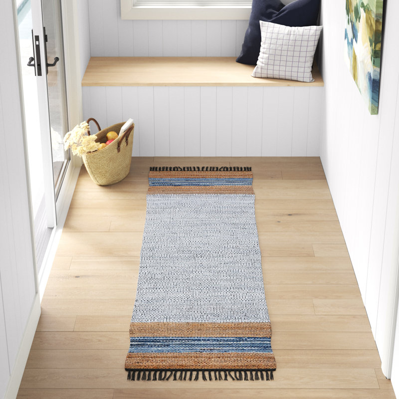 Tapis en cuir / jute / coton tissé à la main Vintage en beige / gris / bleu, Tapis de couloir 2 pi 3 po x 7 pi