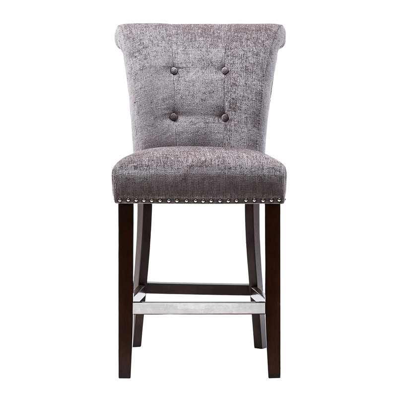 Élégant tabouret de comptoir gris avec capitonnage et garniture en métal dense, Gris, Marron foncé