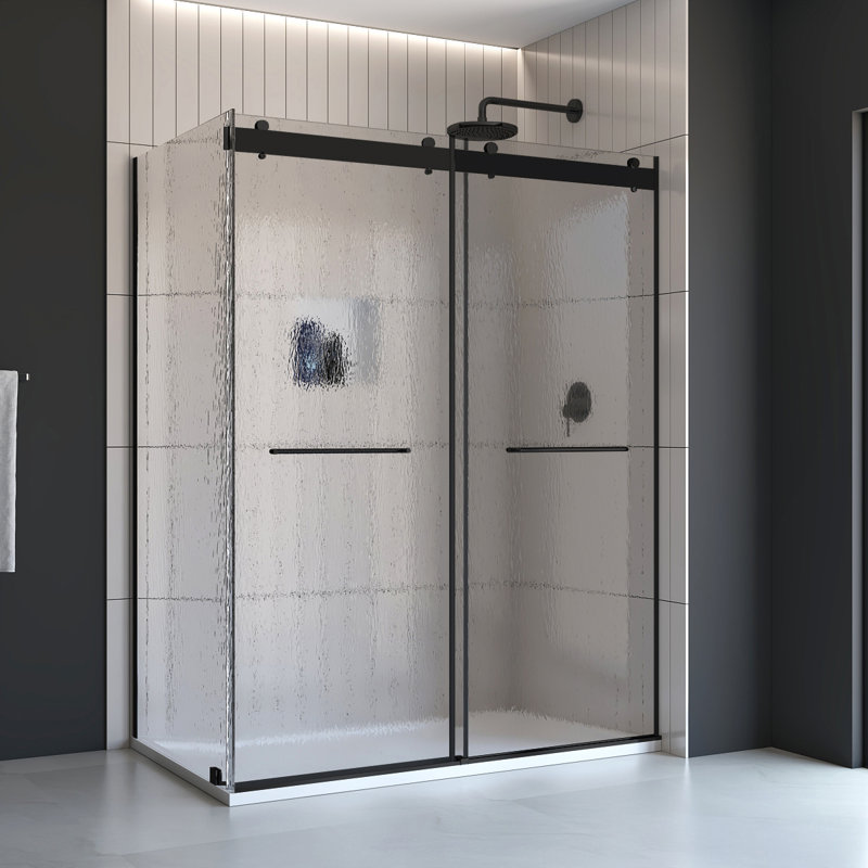 Molly 48" W X 36" D X 76" H Frameless Shower Door Rectangular Shower Kit With Rain Drop Glass Finish, Right, Black