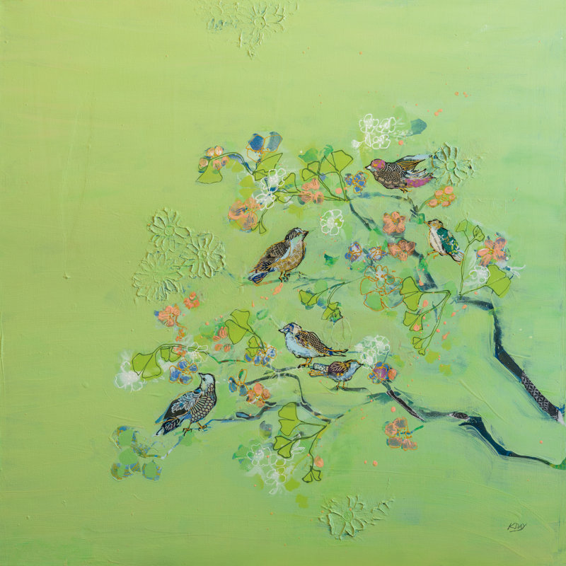 «Bird Song» par Kellie Day - peinture sur toile tendue, H 12 po x l 12 po