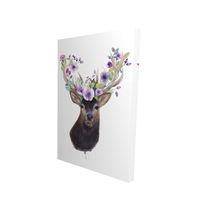 Roe Deer Head with Flowers - Brown Canvas Home Decor