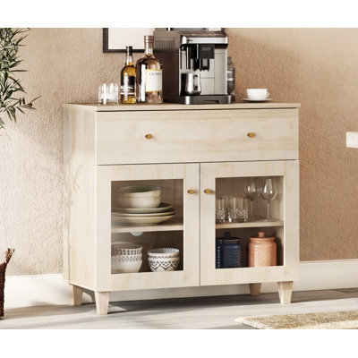 Lysiane 35" Small Sideboard Buffet Cabinet With Glass Doors And Drawer, Modern Wood Kitchen Credenza Storage Cabinet With Shelf For Living Room, Dining Room