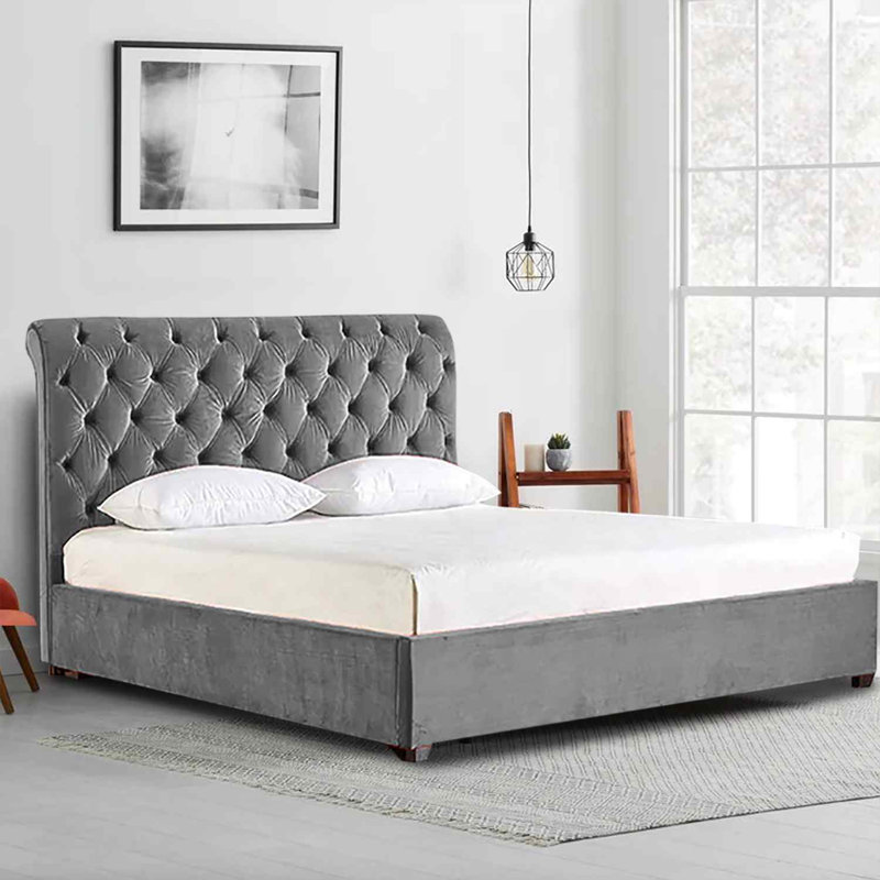 Upholstered Velvet Sleigh Bed, Super King (6'), Grey