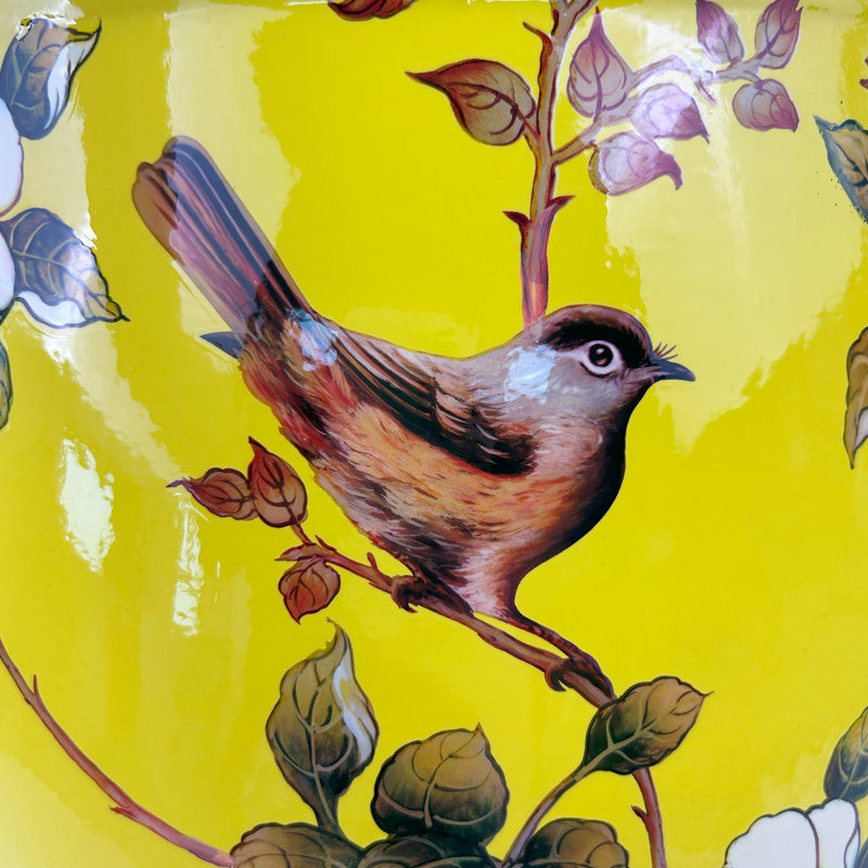Tabouret en céramique fleur et oiseau, Jaune/rouge