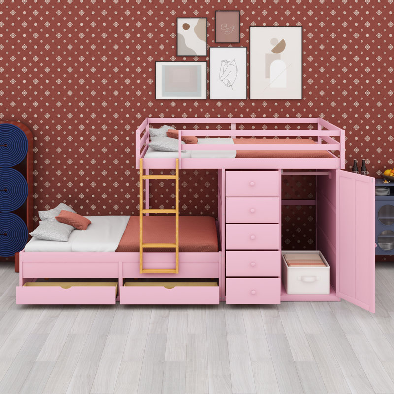 Lit superposé moderne avec tiroirs de rangement multi-tailles et garde-robe compacte, Rose