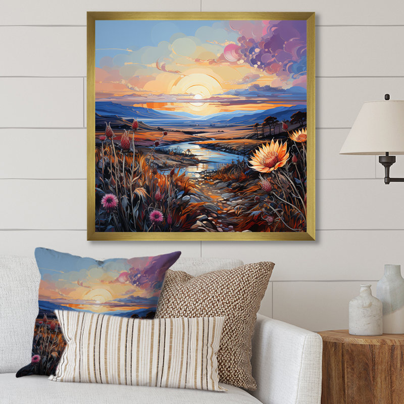 «Thistle Flower Field Sunset I», reproduction sur toile, Cadre doré simple, H 36 po x l 36 po x P 1,5 po