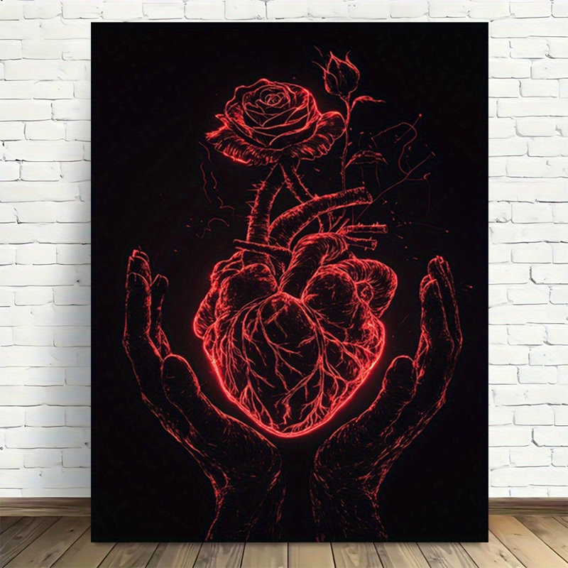 Reproduction sur toile Edgy Neon Red Anatomical Heart & Rose - Urban Studio, 12 * 8 pouces (30 * 20 * 2cm)