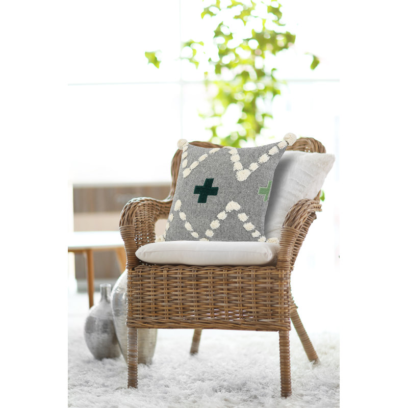 Housse et insert de coussin carré 100% coton Dicha, Noir blanc cassé / vert, Polyester/ Bourre en polyester