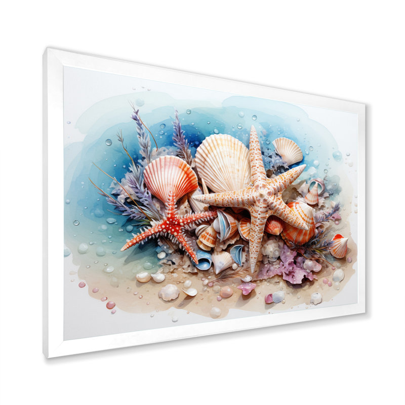 Trésors de la mer sur toile, H 16 po x l 32 po x P 1 po, Cadre simple blanc