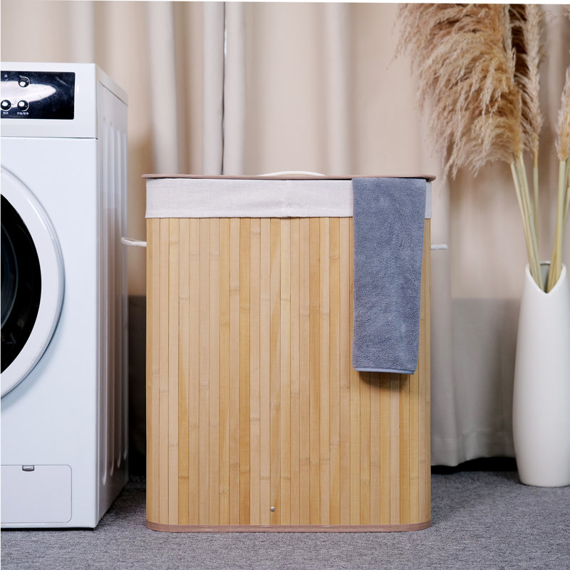 Bamboo Laundry Hamper Large 104L with Removable 4-Section Liner, Foldable Storage Basket with Lid and Handles, Yellow