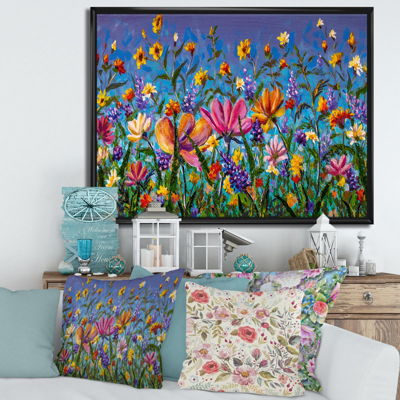 Marguerites et fleurs sauvages dans un jardin d'été I - peinture sur toile, H 12 po x l 20 po x p 1 po, Cadre flottant noir