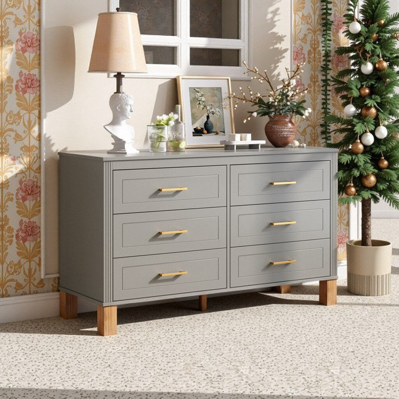 Commode double 6 tiroirs avec structure en bois massif et poignées en métal Scrigno, armoire de rangement 47,24 L, Gris